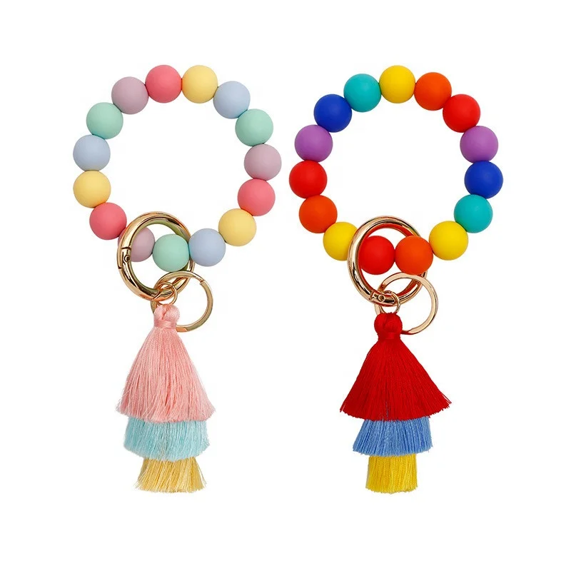 2023 Cute Rainbow Silicone Beaded Keychain with Tassel Key Ring Bracelet Boho Car Key Chain Wristlet for Women and Girls