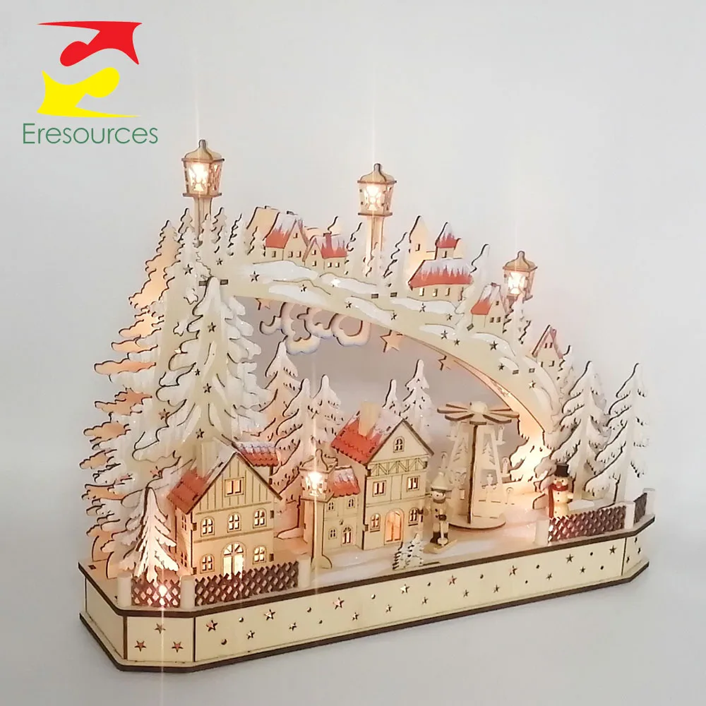 Plywood Laser Cut Wooden Christmas Decoration LED Light Decorative Christmas Lights With House & Windmill