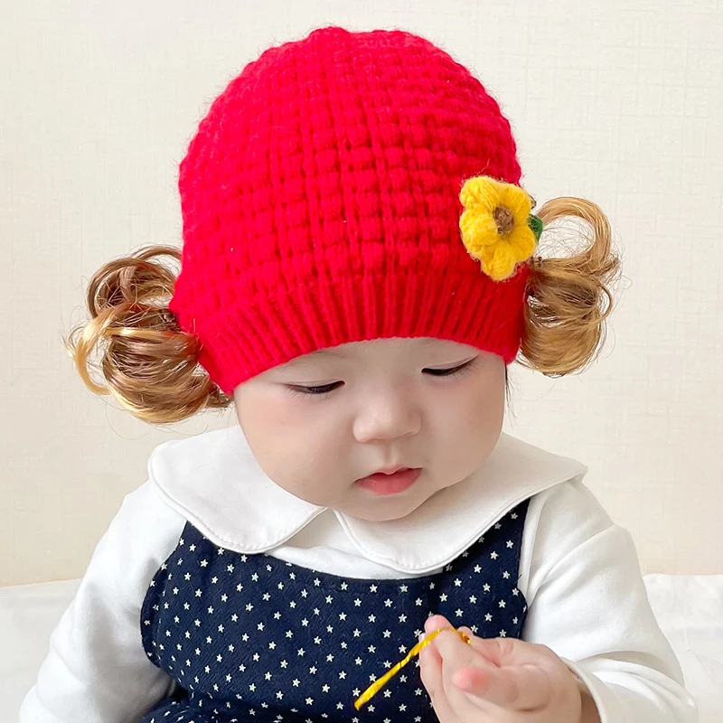 
Cute Baby Girl Boy beanie Hat Hair Pigtail Braid Wig Cap Winter Warm Crochet Knit Children Kids Girls Hats and Caps 