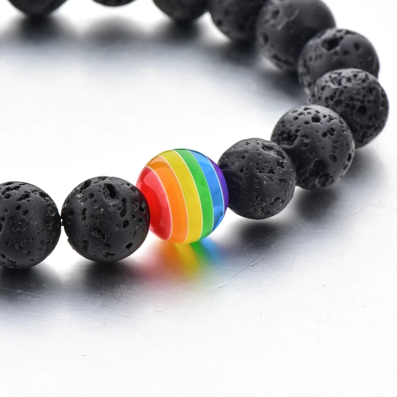 Hot Selling Resin Beads Beaded Lava Stone Bracelet ,Rainbow Color Gay Pride Bracelet