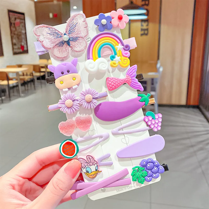 14-Piece Set Rainbow Hair Grips Fashionable Heart-Shaped Metal and PC Material Cute Design for Baby Girls