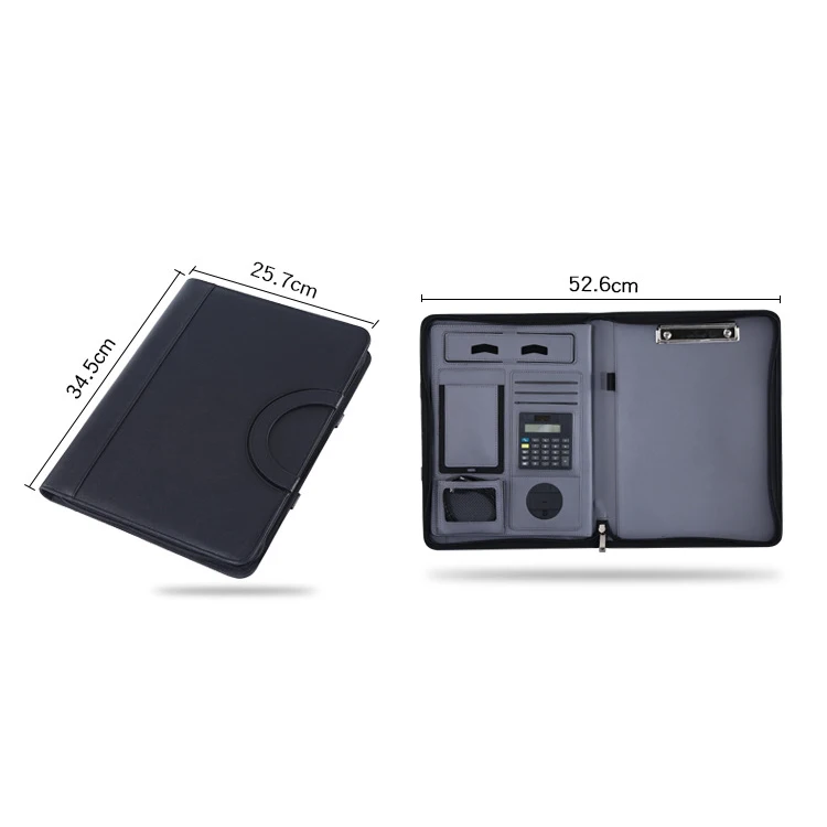 A4 multifunctional wireless charging treasure file folder with zipper mobile power business leather notepad folder