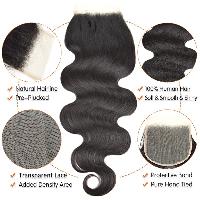 
Cuticles Aligned Pre-Plucked 5x5 transparent Lace Closure Bundles Virgin Human Hair Body Wave Lace Closure with Baby Hair 