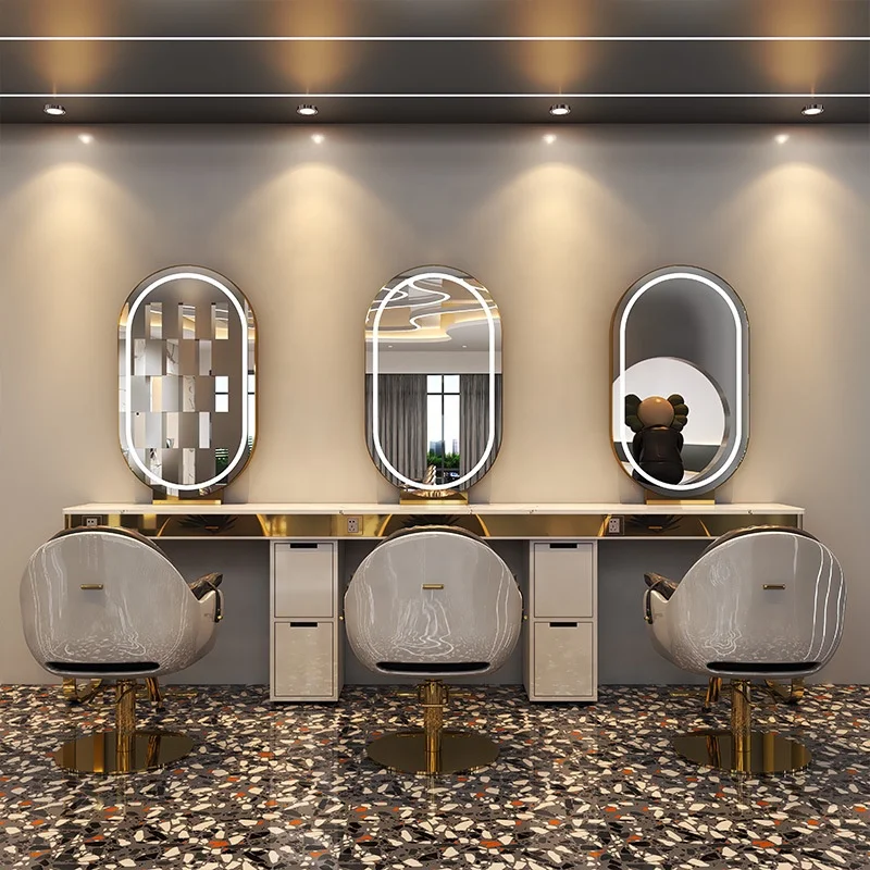 Youtai Wholesale Hair Salon Furniture Barber Station with Mirror Gold Salon Mirror With LED Salon Mirror Station