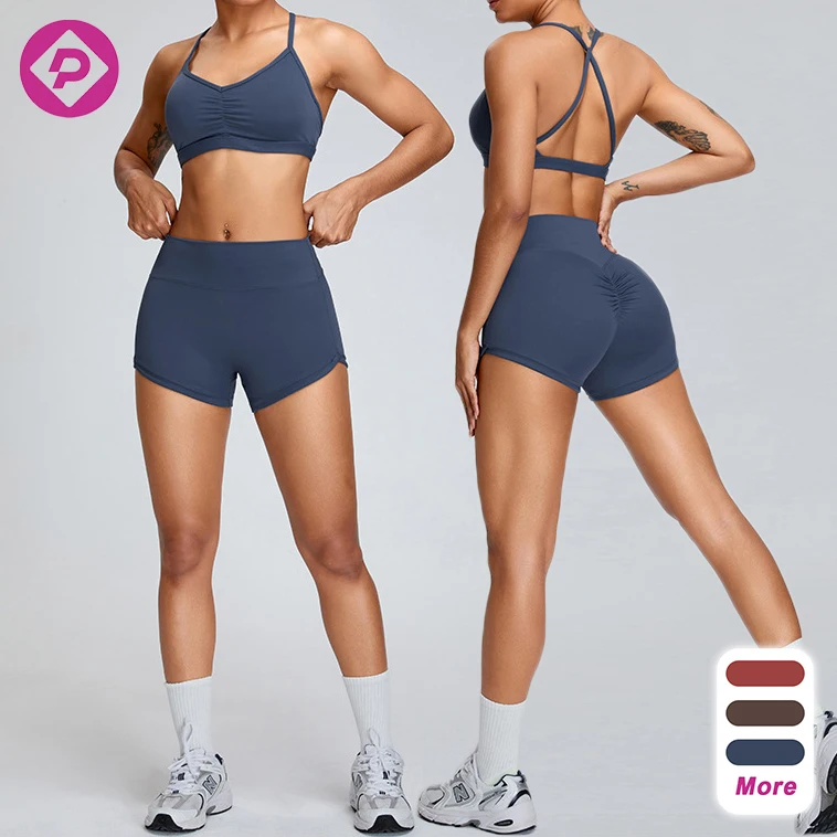 Custom Logo Women Solid Color Lace Pleat Design Sports Bra and Shorts Set Quick Dry Running 2 Piece Yoga Set
