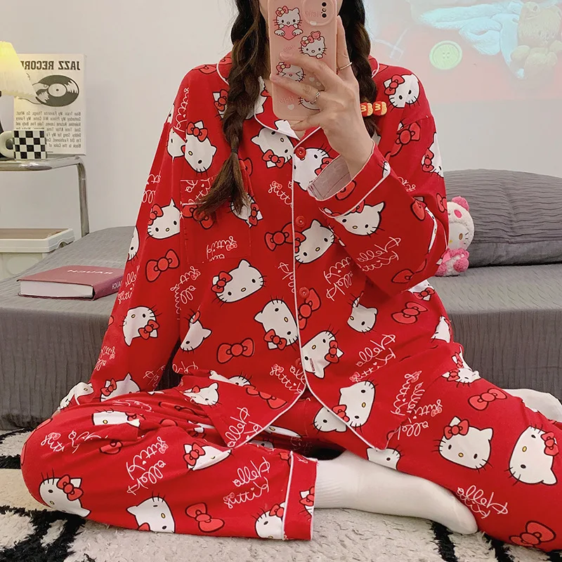 Cute Hello Kitty Pajamas for Women Spring and Autumn Japanese Cartoon Home Clothes