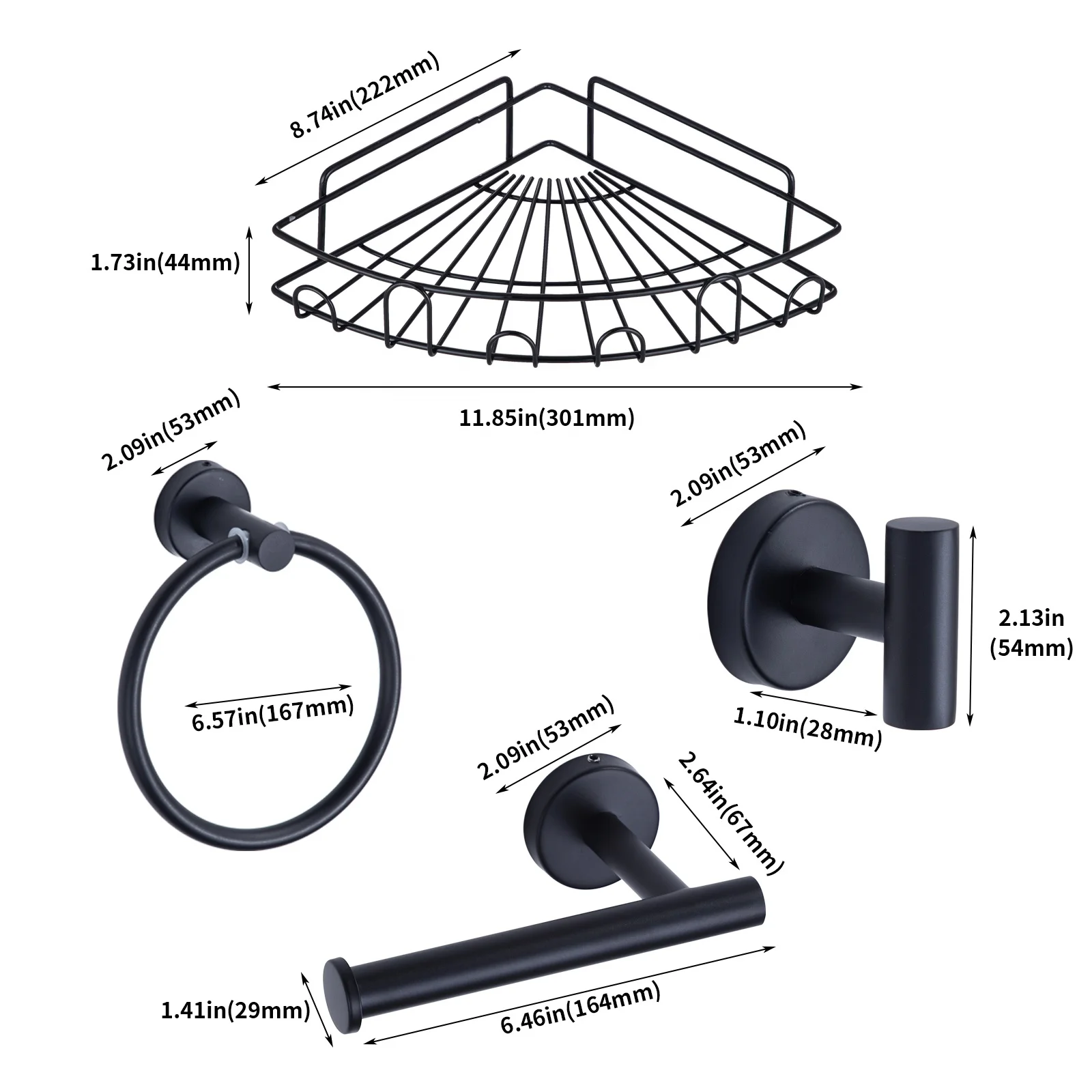 Black Matte 4 Piece Bathroom Accessory Set Wall Mounted Towel Hooks Robe Ring Soap Holders Storage Rack Shelf