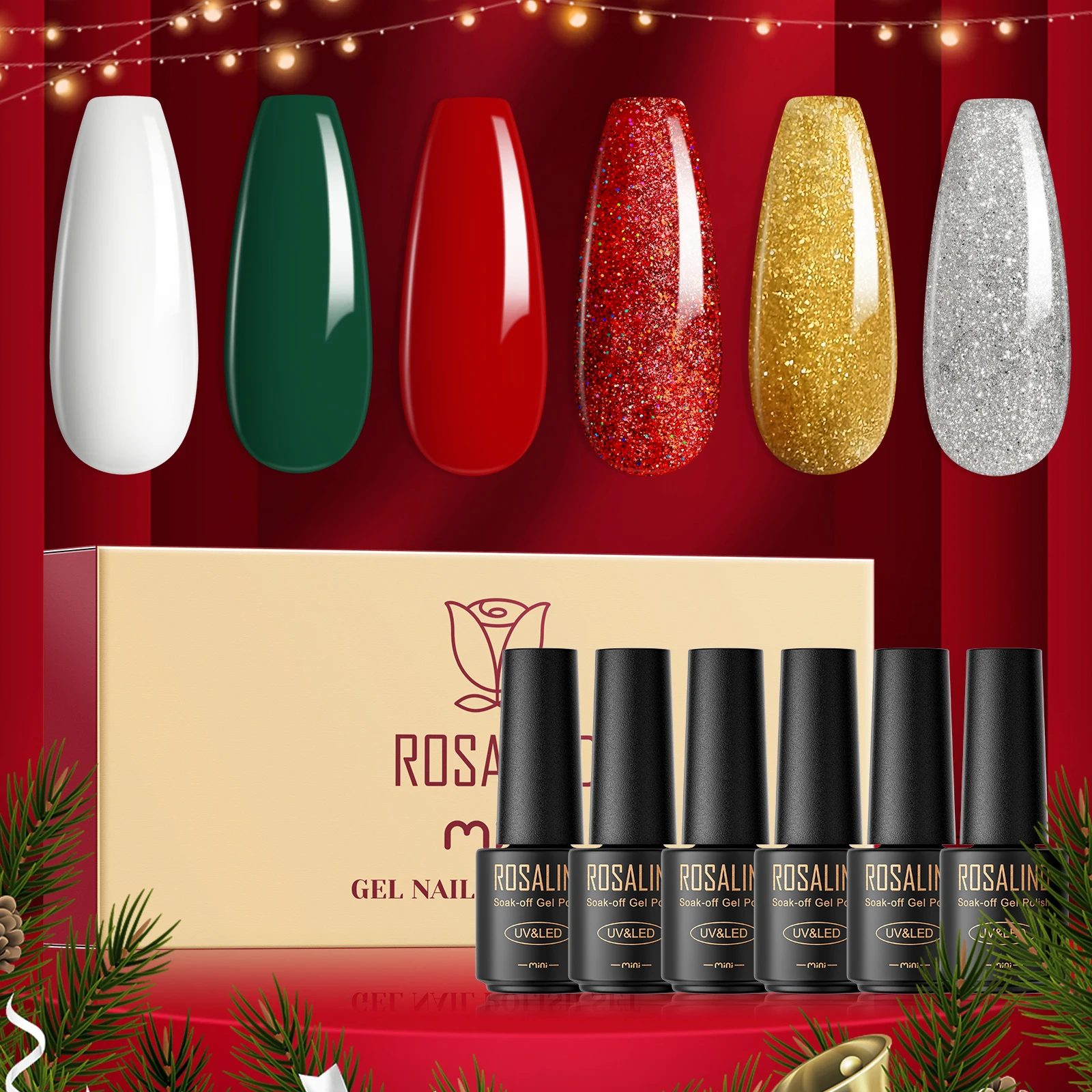 ROSALIND nail supplies private Label  very good french manicure Christmas gift red/gold glitter gel nail polish set box uv gel