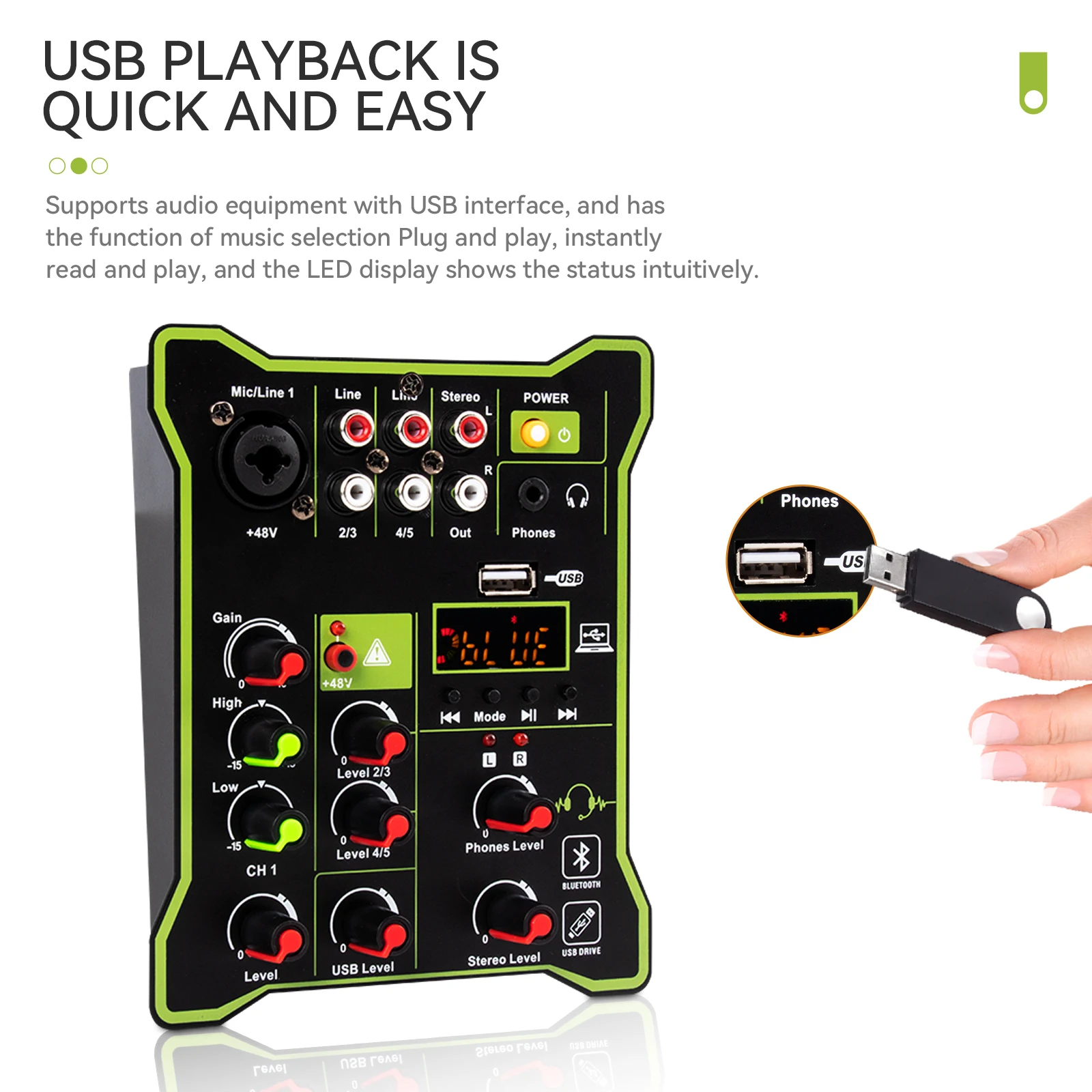 Multifunctional Small Audio Mixer DJ Mixing Console, 5 Channels, Bluetooth Compatible, USB, Computer Play Recording