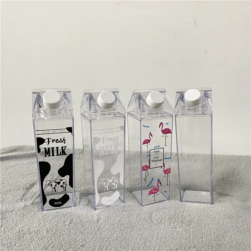 17oz 500ml 34oz 1000ml Milk Carton  Milk Carton Shaped Double Wall Clear acrylic plastic Milk Bottles with Screw cover