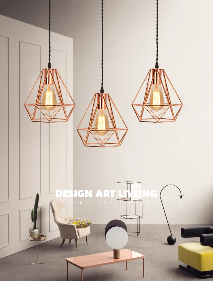 2021 Modern Metal Cage Pendant Lamp Vintage Plating Rose Gold Birdcage Creative Hanging Lamp For Restaurant Living Room