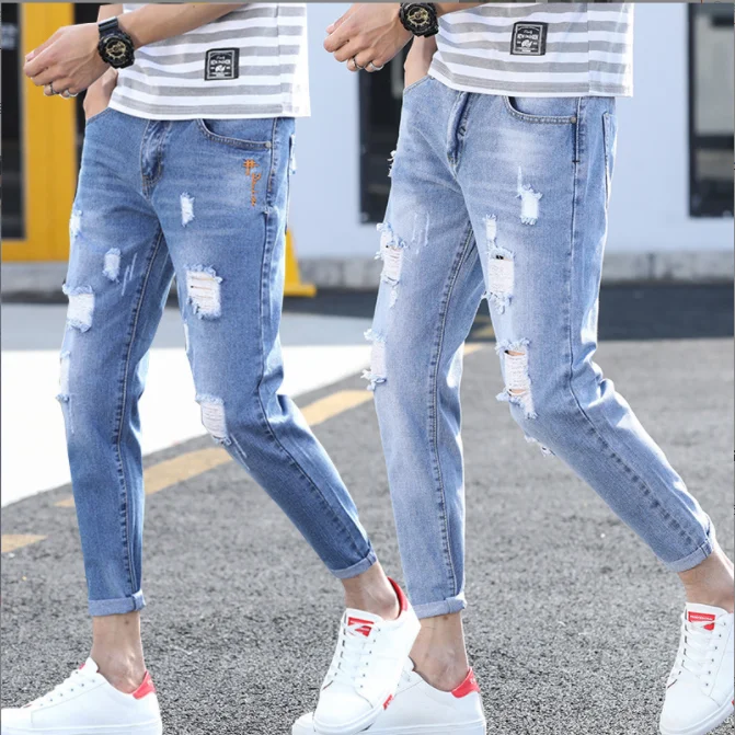 Dropshipping Ripped Nine Points Jeans Boys Men Man Boy Fashion Trend Slim Skinny All-match Jeans Pants Factory