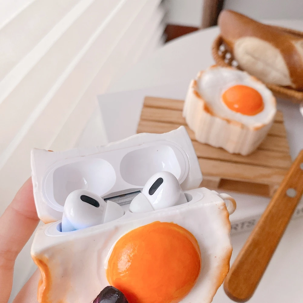  Hot Sale 3D Cartoon Fried Egg Design Earphone Case with Keychain for Airpods Pro Creative Cute Food Style Cover