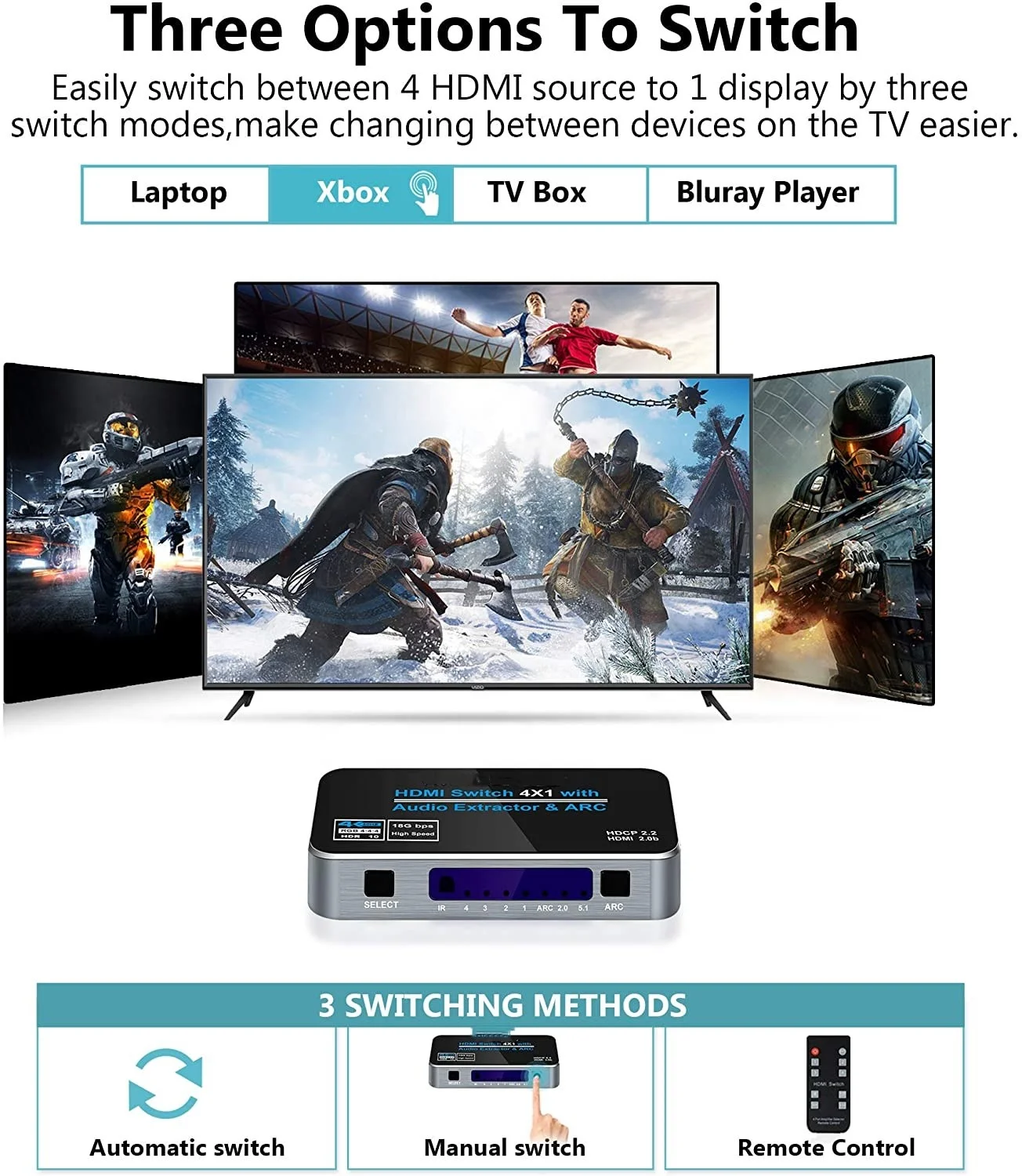 Переключатель OZQ4 4K @ 60 Гц, 4 порта HDMI 2.0b, выход 4 в 1 с оптическим аудиовыходом 3,5 мм, удаленный аудио экстрактор ARC HDCP2.2