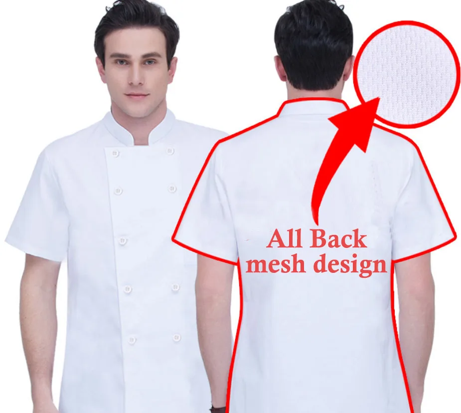 
Short Sleeve Restaurant Bar Uniform Mesh Chief Jacket Double-Breasted Kitchen Custom Logo Waiter Work Uniform Sets Chef Uniforms 