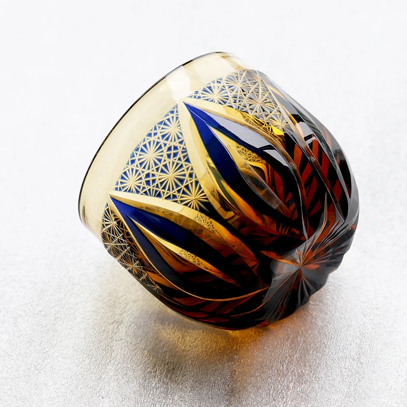 Amber blue sake glass tea cup Japanese Edo Kiriko style cut to clear luxury mini shot glass for Christmas seasons gift