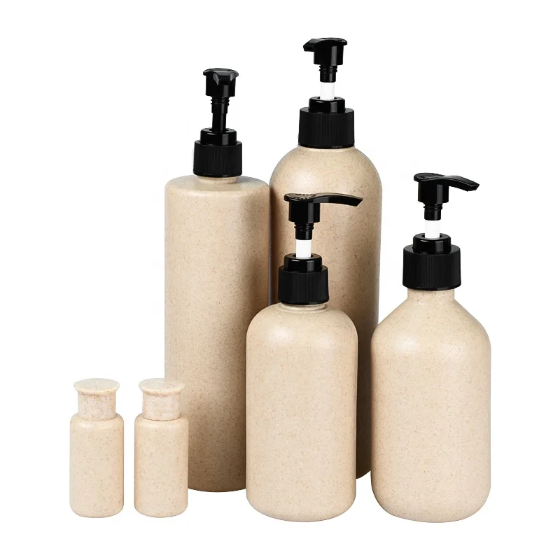 Biodegradable cosmetic container 1oz 300ml 500ml wheat straw plastic bottle with lotion dispenser pump