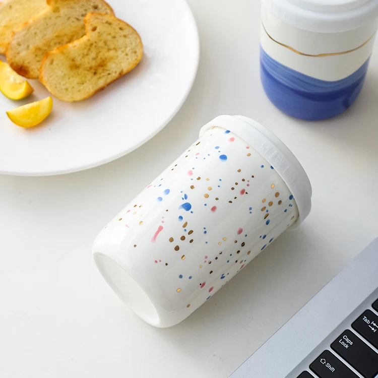 Take Away Portable Mug Reactive Glazed Customized Logo Ceramic Travel Tea Coffee Mugs With Silicone Lid