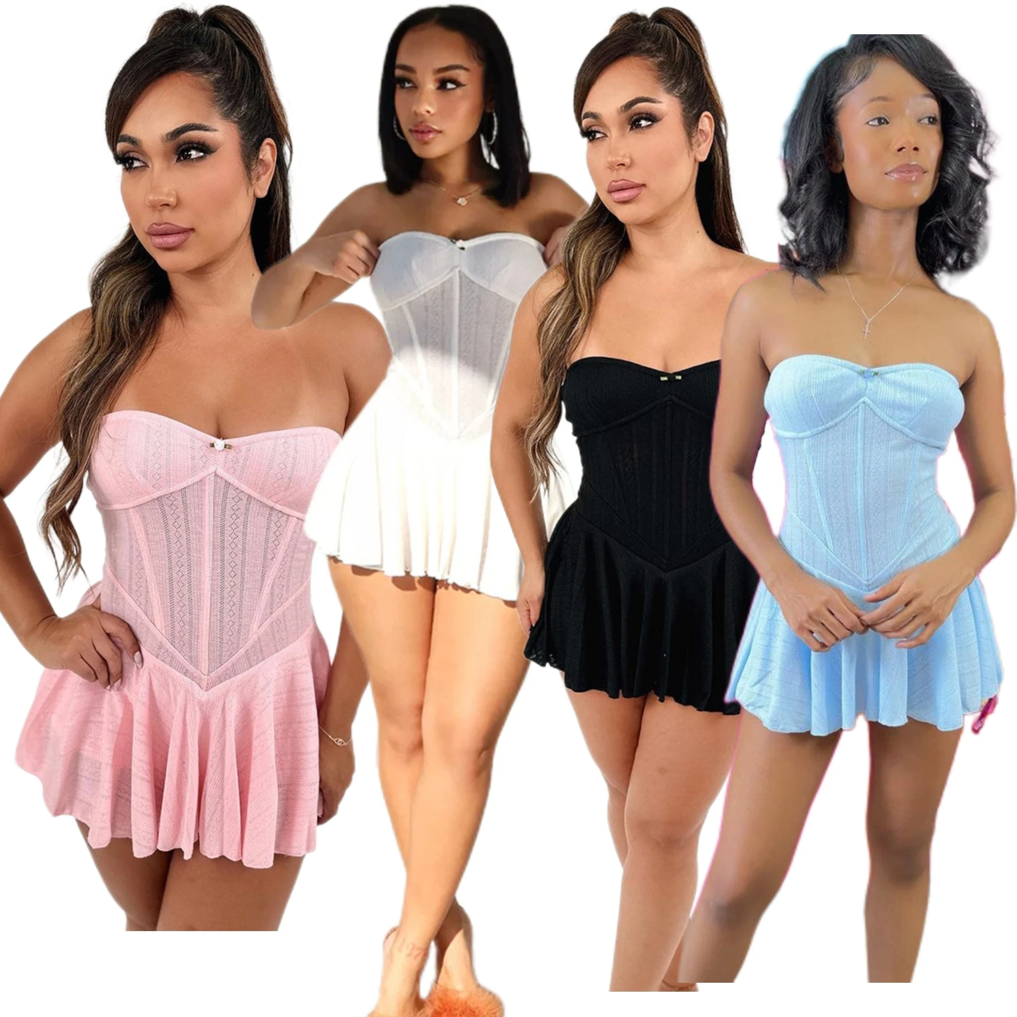 OJW090527 Y2k Dresses Summer Women White Black Elegant Sexy Cute Sweet Strapless Bodycon Ruffle Mini Dress Wholesale