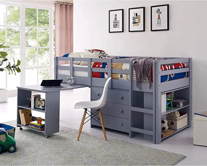 Twin Size Loft Bed with Desk Study Kids Storage Low Loft Bed Twin for Kids with Cabinet Ladder Safety Guard Rails Bookcase Shelf