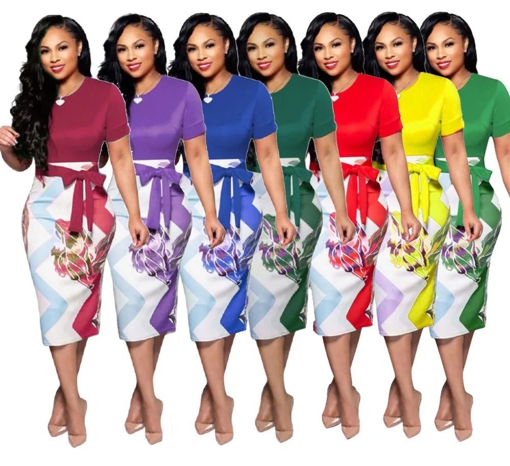 
Vintage Summer Sexy Short Sleeve Casual Geometric Empire Slim Waist Belt Fit Pencil Skirt Dress for Women clothing 