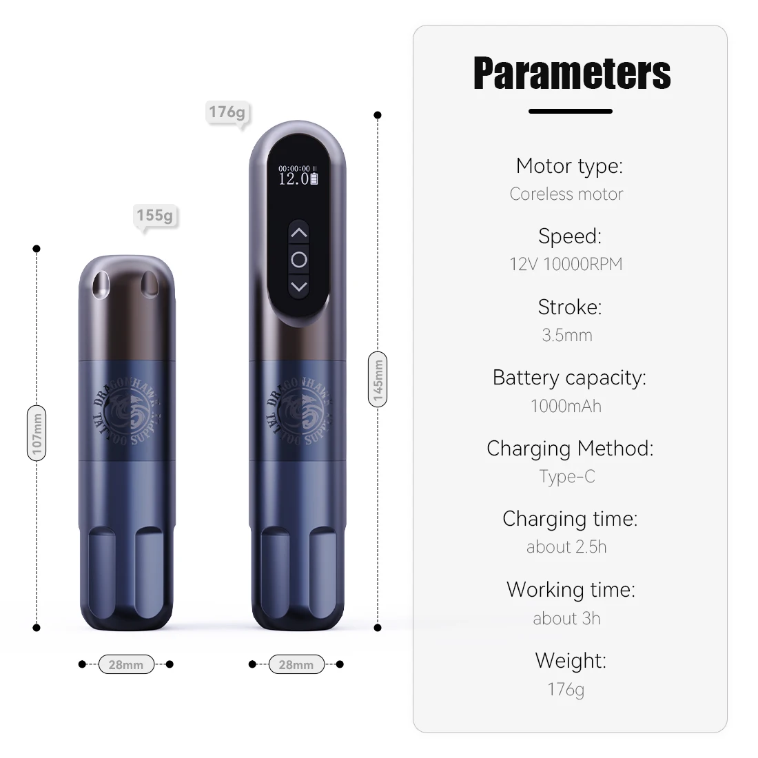 Dragonhawk High Quality 1000mAh Lithium Battery Wireless Tattoo Pen Machine Strokes 3.5 mm