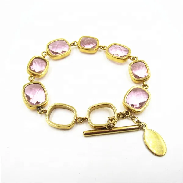 fixed price wholesale Gold plated stainless steel bulk charm opal bracelets with pink glass stone women accessories china