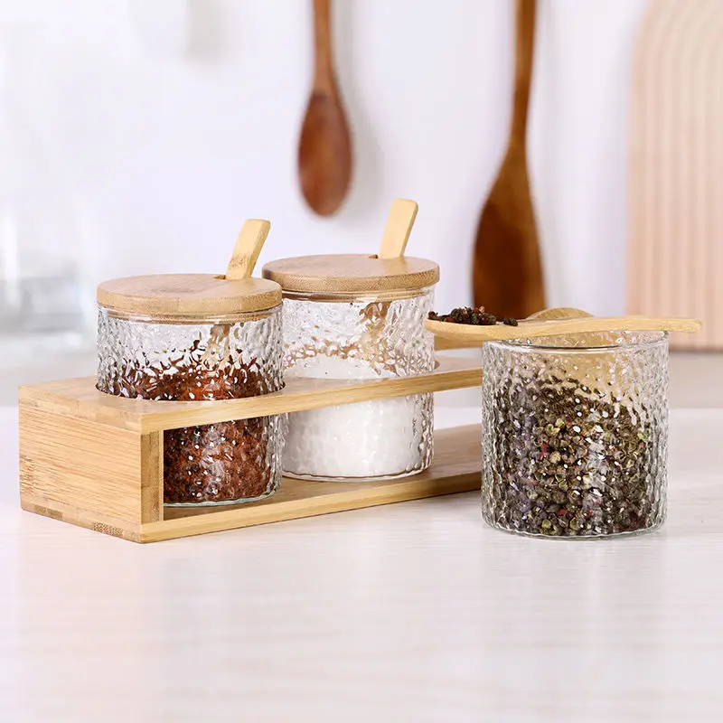 Wooden Container Storage Organizer Kitchen Glass Spice Jar Pepper Cruet Set With Bamboo Spoon Lid and Base