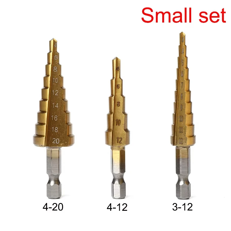 3pcs HSS Titanium Straight Groove Step Drill Bit High Speed Steel Metal Wood Hole Cutter Cone Drilling Tool Set