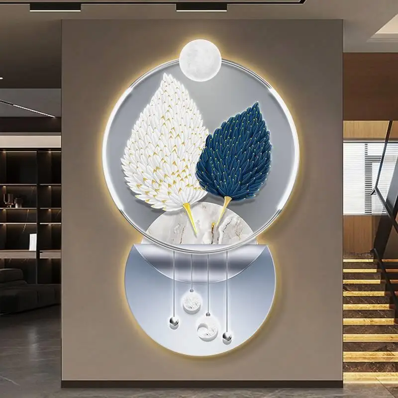 3D Feathered living room decorative metal art with lights wall decorative painting LED decorative hanging painting