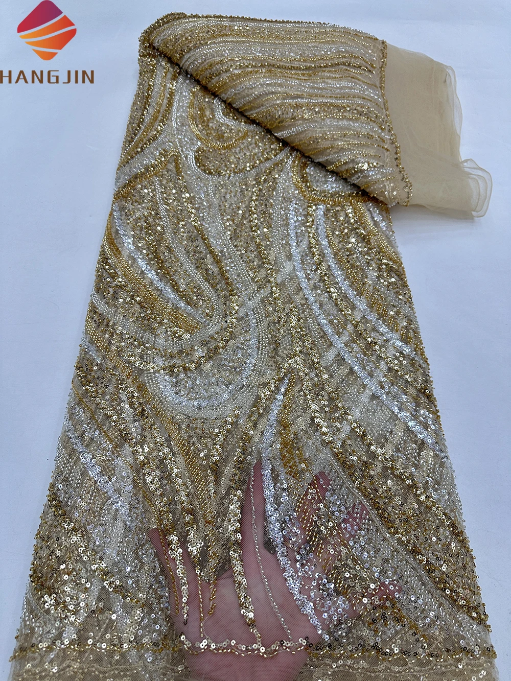 Sequins Tulle Embroidered French Lace Hand Heavy Beaded Lace Fabric Luxury Crystal Rhinestone for Wedding Bridal Dress