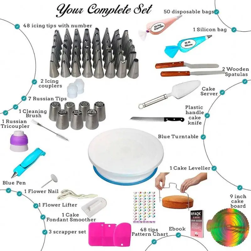 124 pieces cake turntable set decorating nozzles  diy pastry icing piping nozzles with storage box