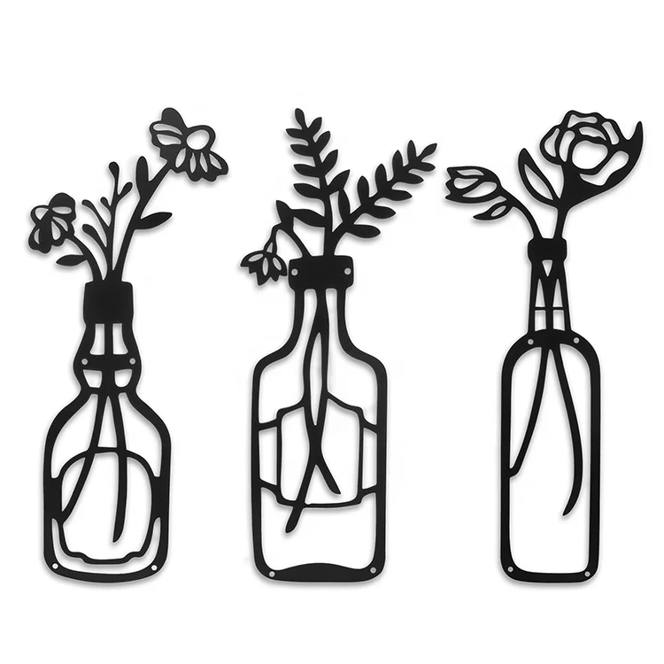 3 Pieces Laser Cut Metal Wall Art Decor Metal Flowers Vase Wall Decor, Black Wall Art Decor for Kitchen, Living Room