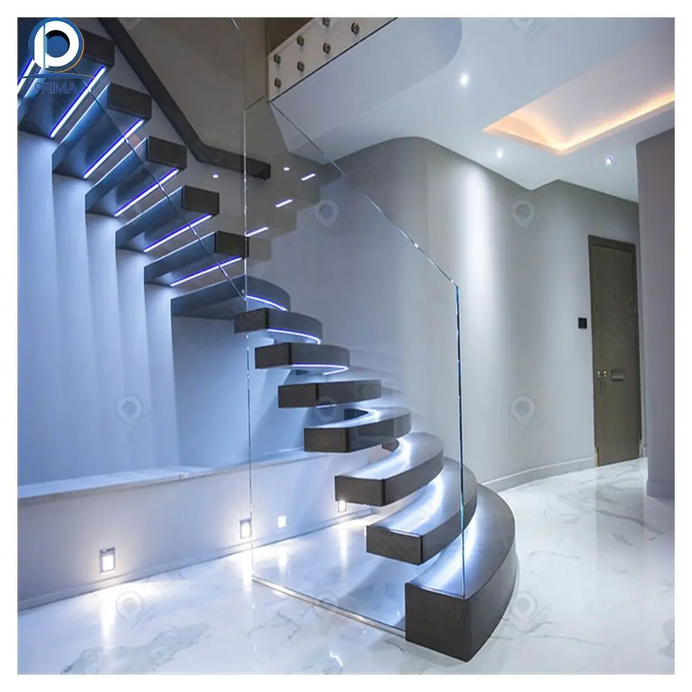 Prima Staircase Glass Luxury Floating Staircase Customized For House Decoration With LED Light