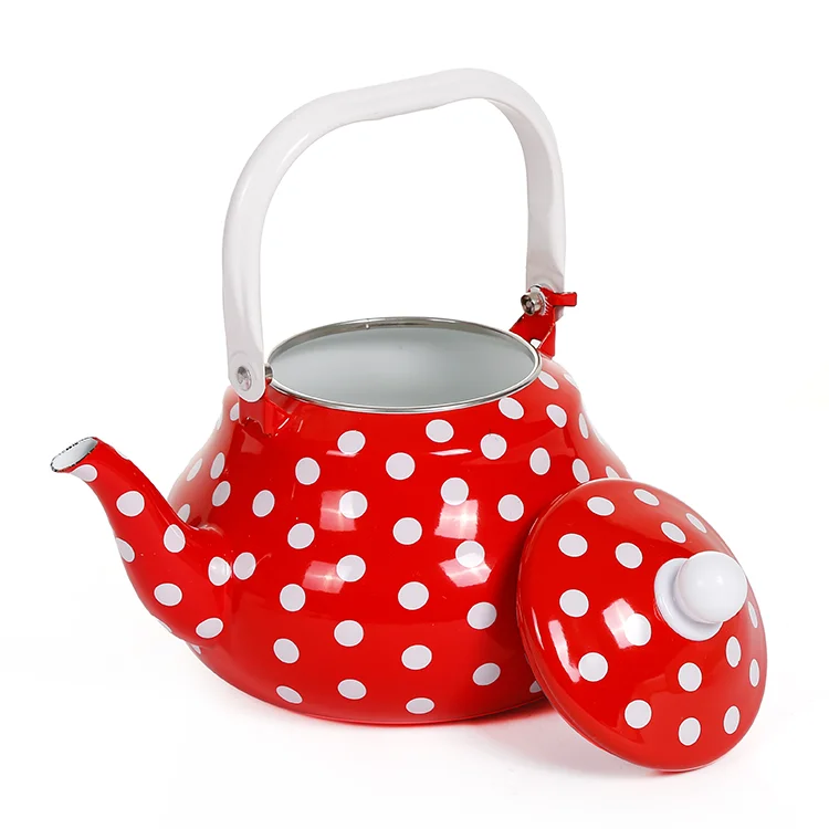 Customized Good Quality Enamel Chinese Cast Iron Teapot, Dot Pattern Red 2.0L Enamel Kettle