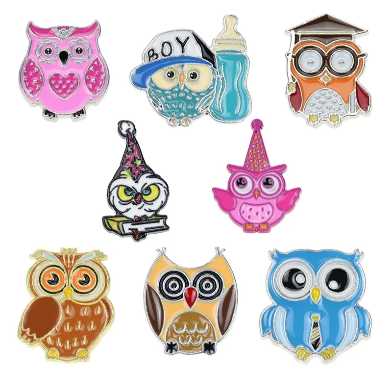 New Style 8 Cute Creative Cartoon Animal Owl Series Brooches Soft Hard Enamel Dye Metal Plated Lapel Pin