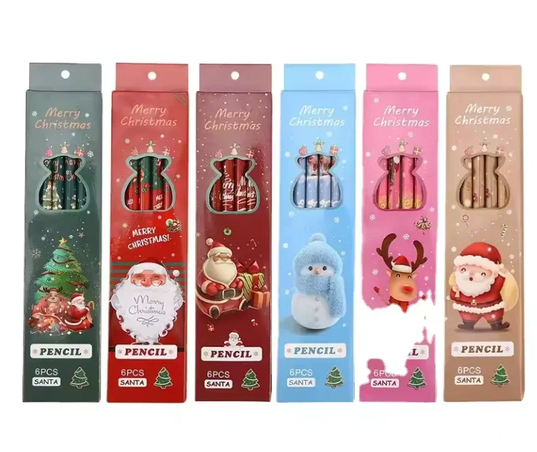 Christmas cartoon pencils 6 poplar round pole pencils for children students with eraser head pencil stationery wholesale