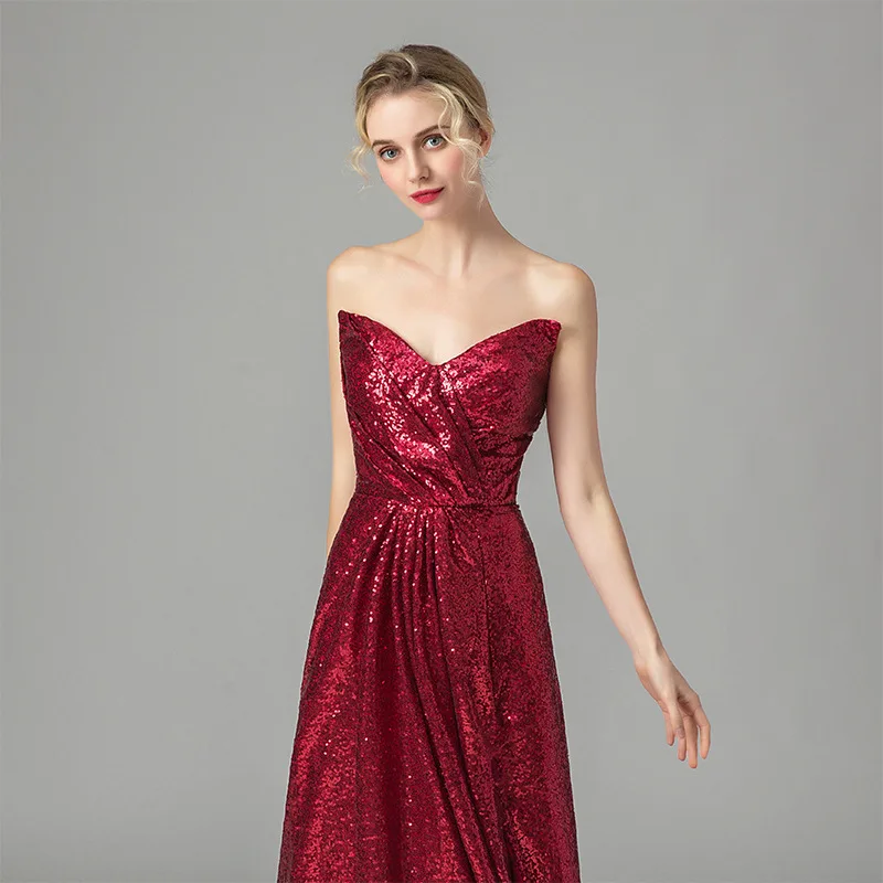 Hot Selling Red Sexy Slit Sequin Slim Banquet Long Bridal Wedding Ball Gown Evening Dress