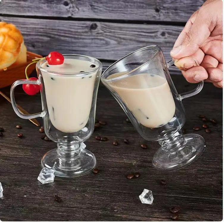 High Borosilicate Transparent Double Layer Coffee Cup with Handle Celebrity Restaurant Ice Cream Milk Juice Goblet for Tea Sets