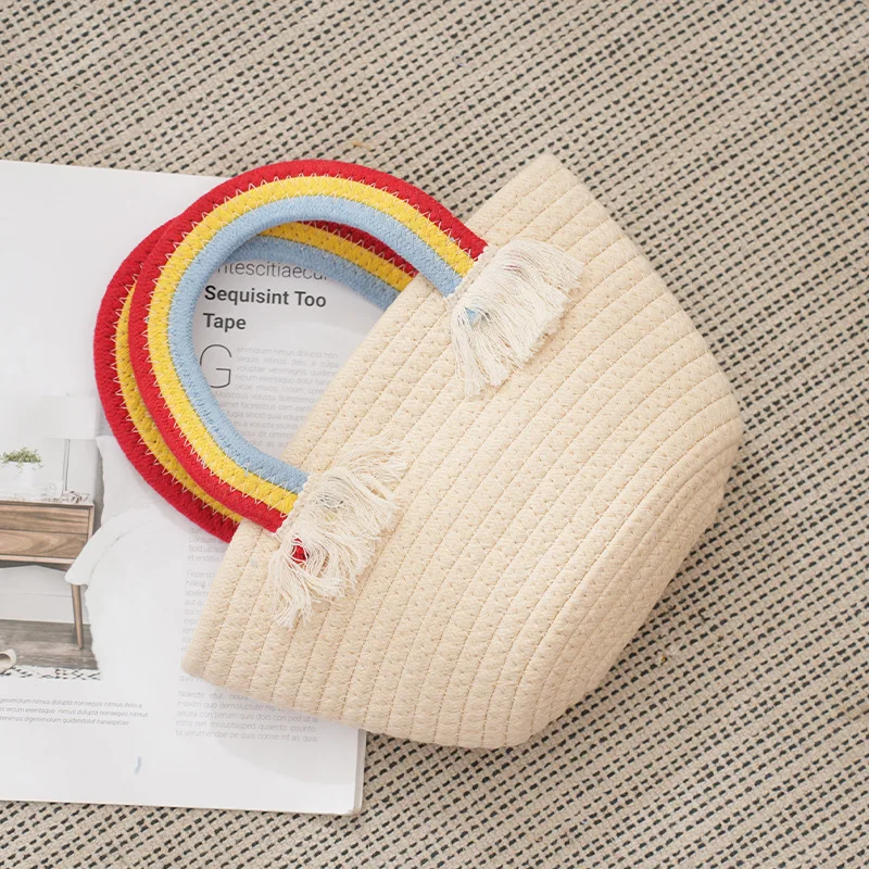 Adorable practical small cotton rope basket bag with a rainbow handle Perfect for your essentials Handcrafted with love Colorful