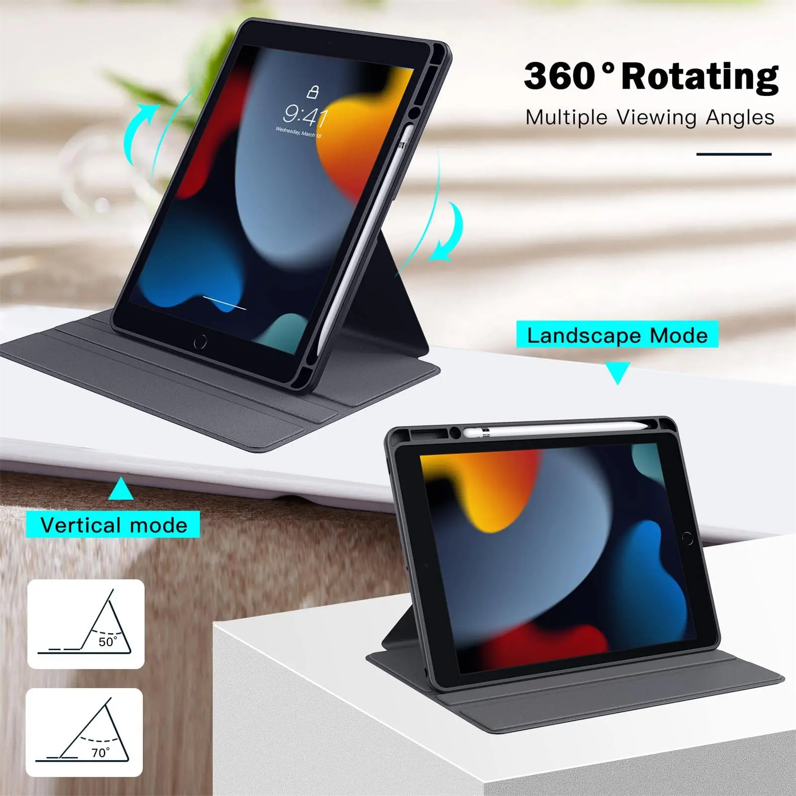 360 Rotating Case for iPad 10.2 Inch 9th 8th 7th Generation 2021 2020 2019 Pencil Holder Transparent Back Slim Auto Smart Cover