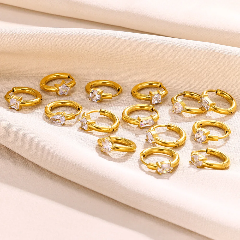 Waterproof Womens Emerald Gemstones Green Zirconia Star Earrings Round Heart Small Hoop Gold Plated Huggies Earrings Jewelry