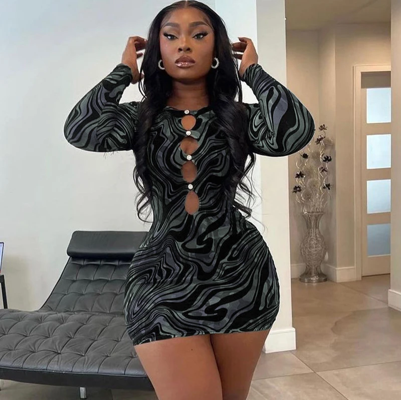 N01117-модные женские платья с длинным рукавом и принтом