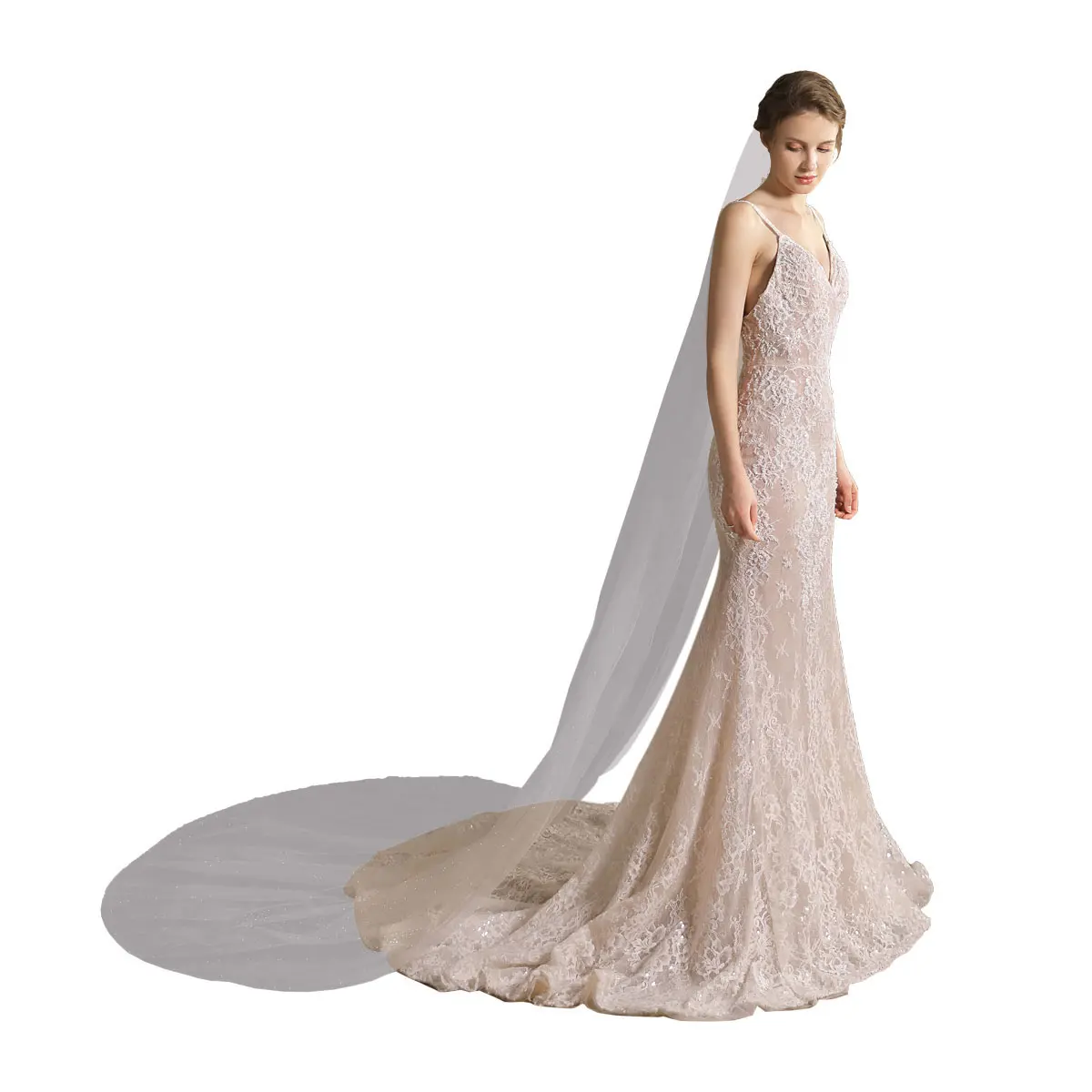 V825 часовни Голдинг Блестящие Свадебные вуали один слой из Мягкого Тюля, длинным шлейфом белый брак Фата невесты