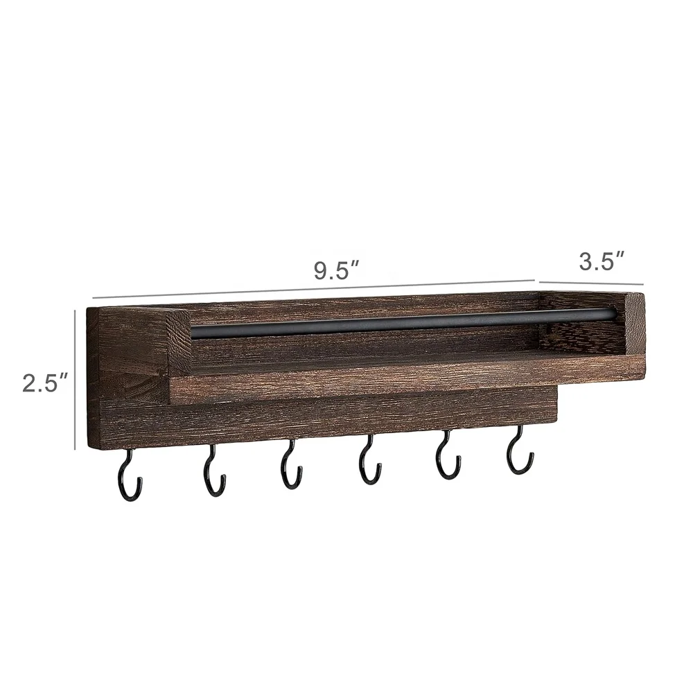 Rustic brown wood key rack with 6 hooks decorative display keys hanger organizer for entryway wood key holder for wall