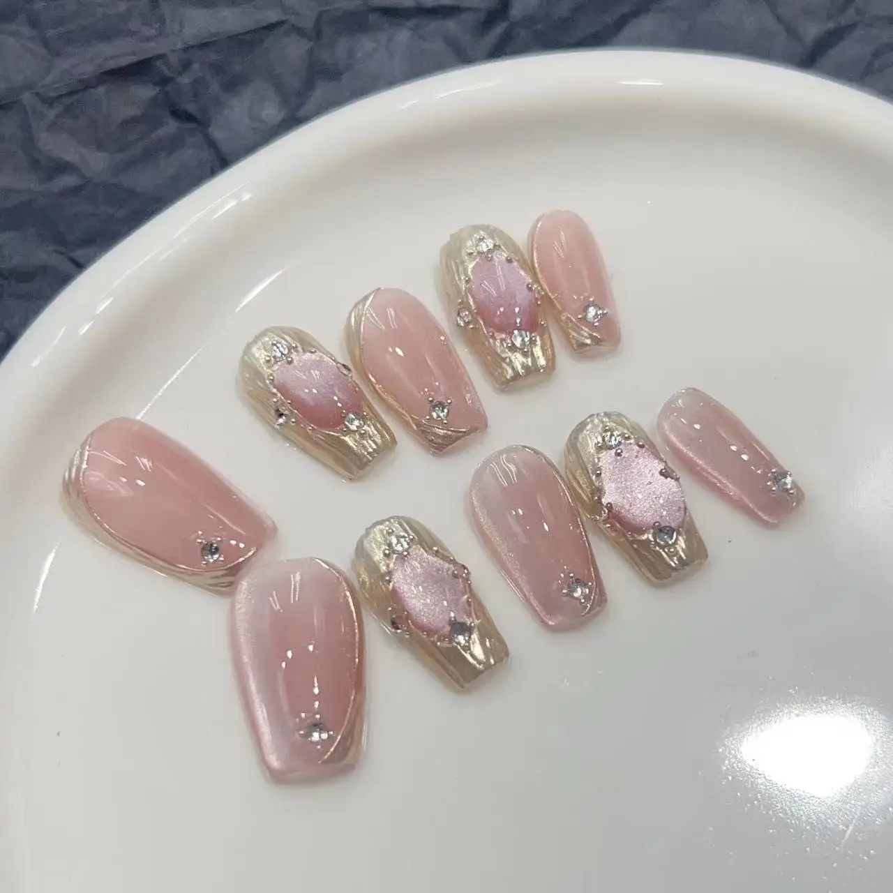 Custom New cat eye Handmade french Design long coffin ballerina Acrylic gel False handcrafted Press on Nails for sale