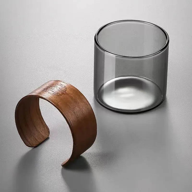 39Years Factory High Borosilicate Glass Tea Cup Wooden Holder Small Size Grey Color Glass Tea Mug 150ml Capacity