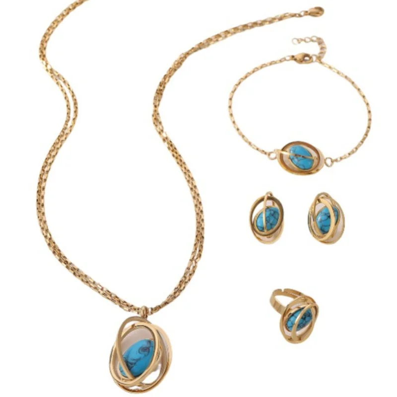4 Pcs Necklace Female Niche Fashion Hollow Round Pendant Bracelet Earrings Ring Trendy Ornament Blue Turquoise Globe Jewelry Set