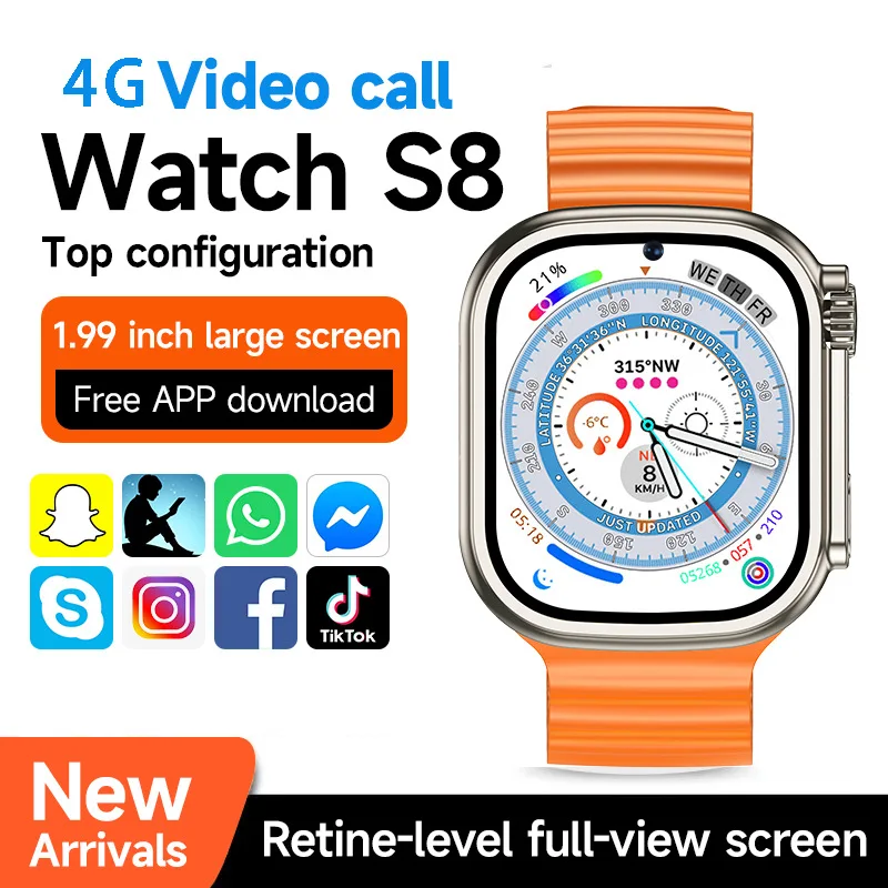 S8X 4G Smart Watch Phone Support SIM card 1GB+8GB 1.83 inch TFT Screen GPS Wifi 49mm Ultra Android Smartwatch