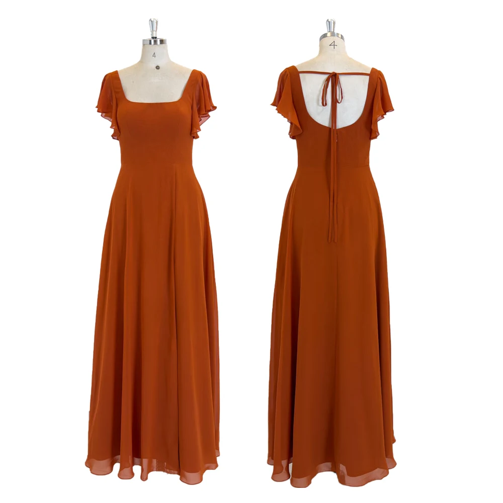 TEENYEE Chic Paprika Red Long Dress Casual ruffle Short Sleeve Gathered Skirt Elegant Bow Parties Evening Bridesmaid Dresses